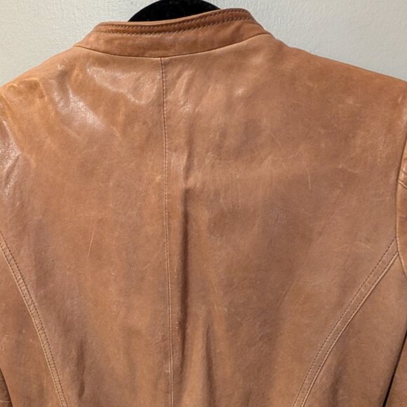 Fossil Womens Leather Bomber Jacket Brown Size Small Front Pockets Ribbed Trim - Picture 12 of 13